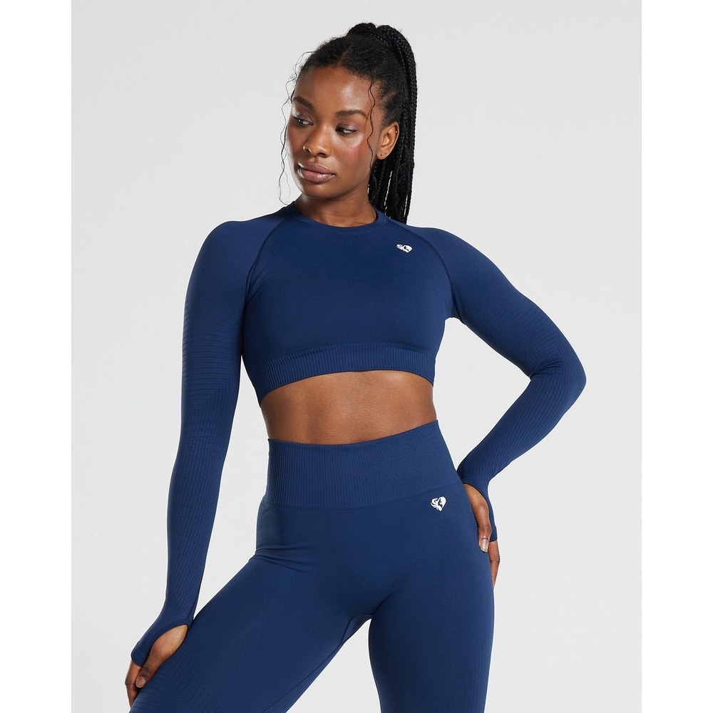 NEW Womens Best Power Seamless Long Sleeve Crop Top Sapphire Blue Athletic Small